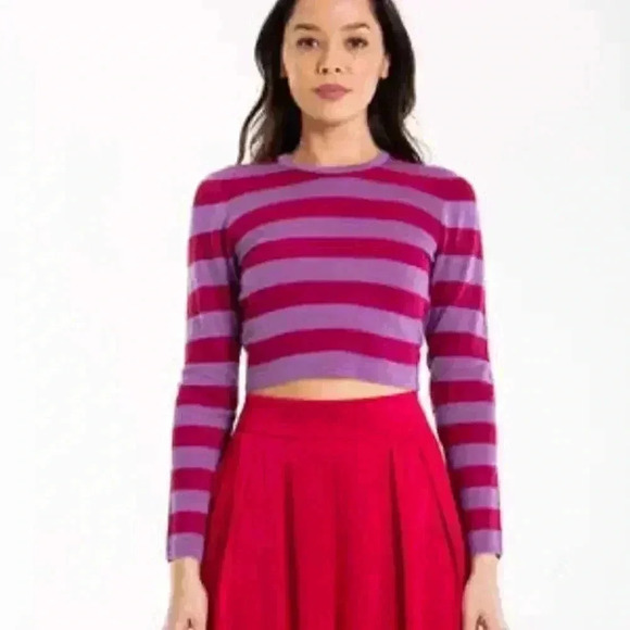 New Baum Und Pferdgarten Chaney Metallic Stripe Pink Purple Crop Sweater Sz L - Picture 1 of 8